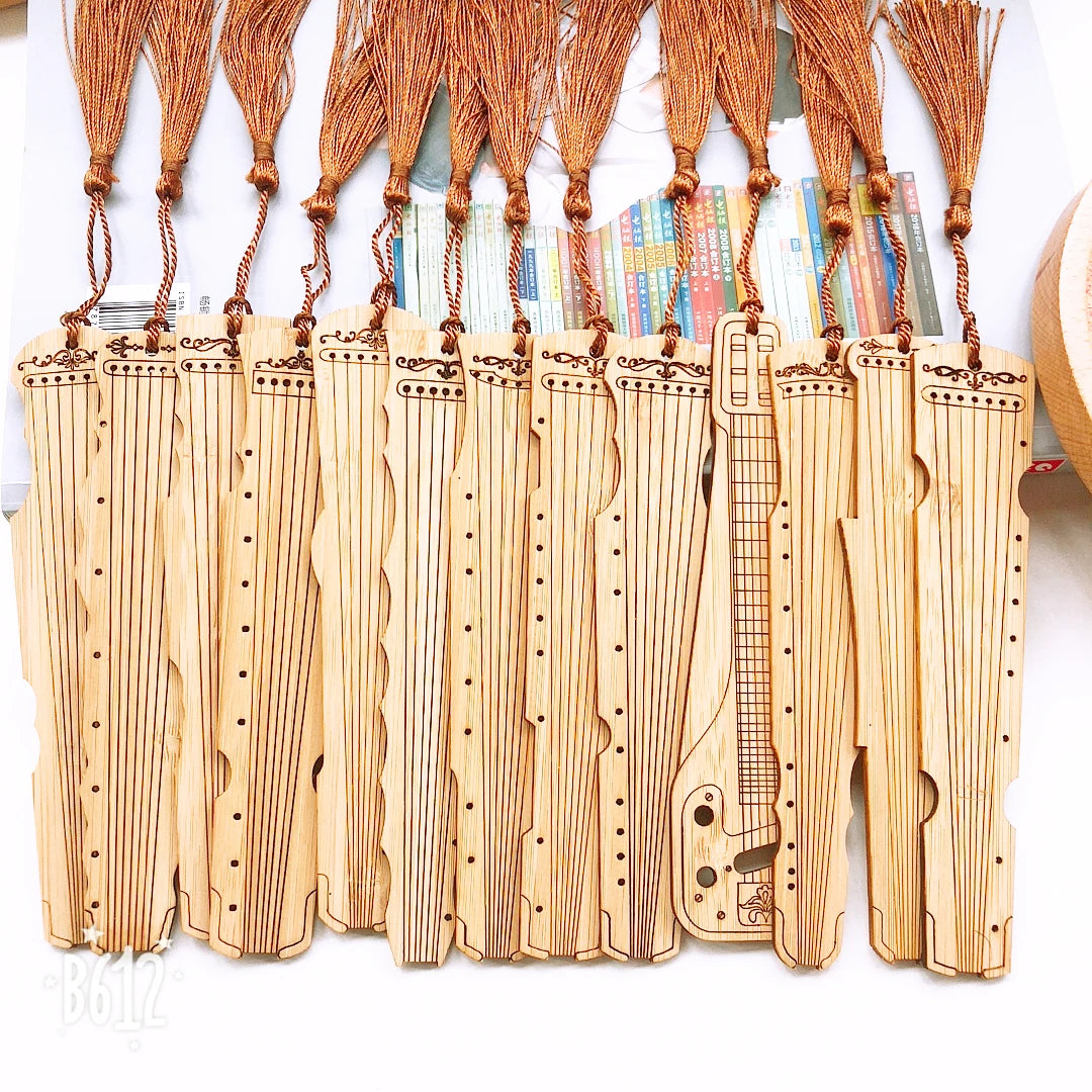 2025 Custom Name Design Eco-Friendly Natural Bamboo Wood Laser Musical Instrument Bookmarks Guqin Shape Carved Technique Crafts
