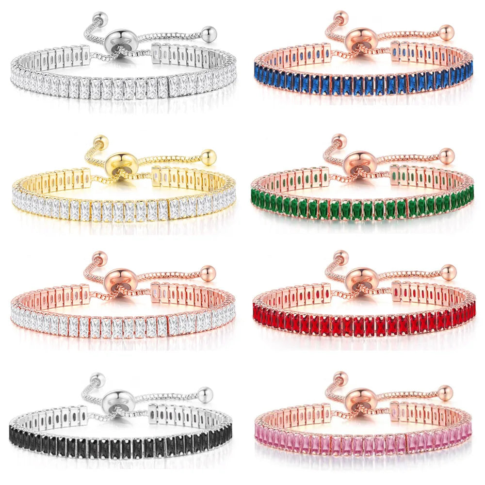 Kpop Women's Tennis Bracelet Luxury 2.5*5 mm Square Multicolor Zircon Bracelets for Women Wholesale Adjustable Jewelry