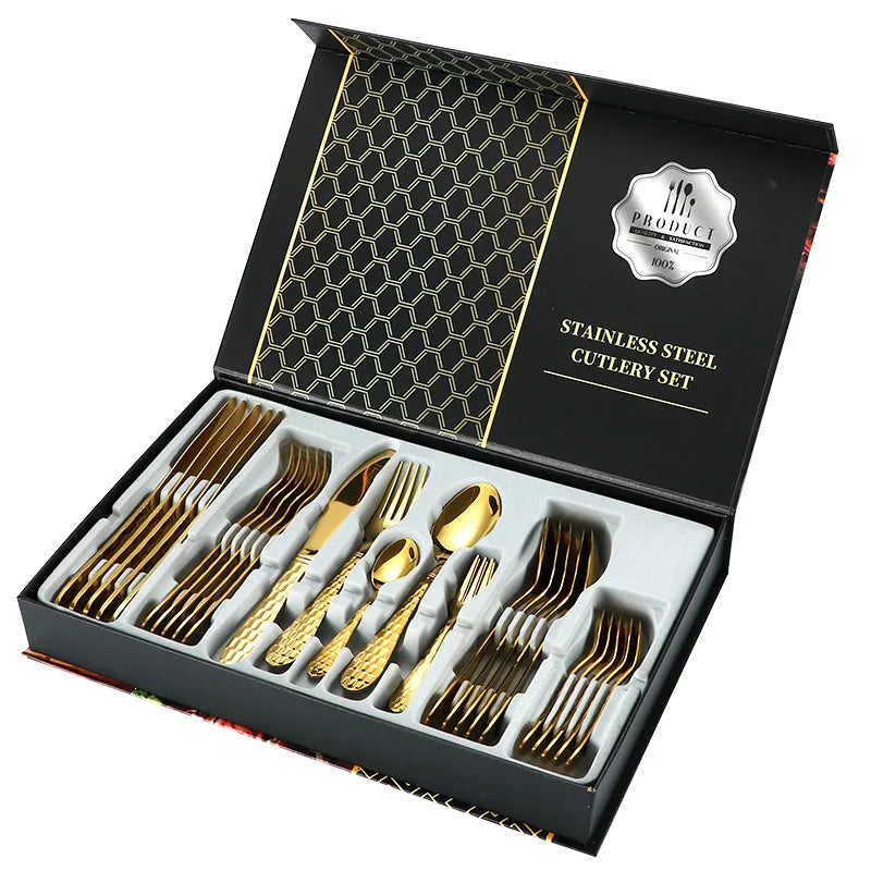 Luxury Wedding Flatware Gold Hammered Cutlery Set Stainless Steel 24pcs Mirror Polished Spoon and Fork Set in Black Gift Box