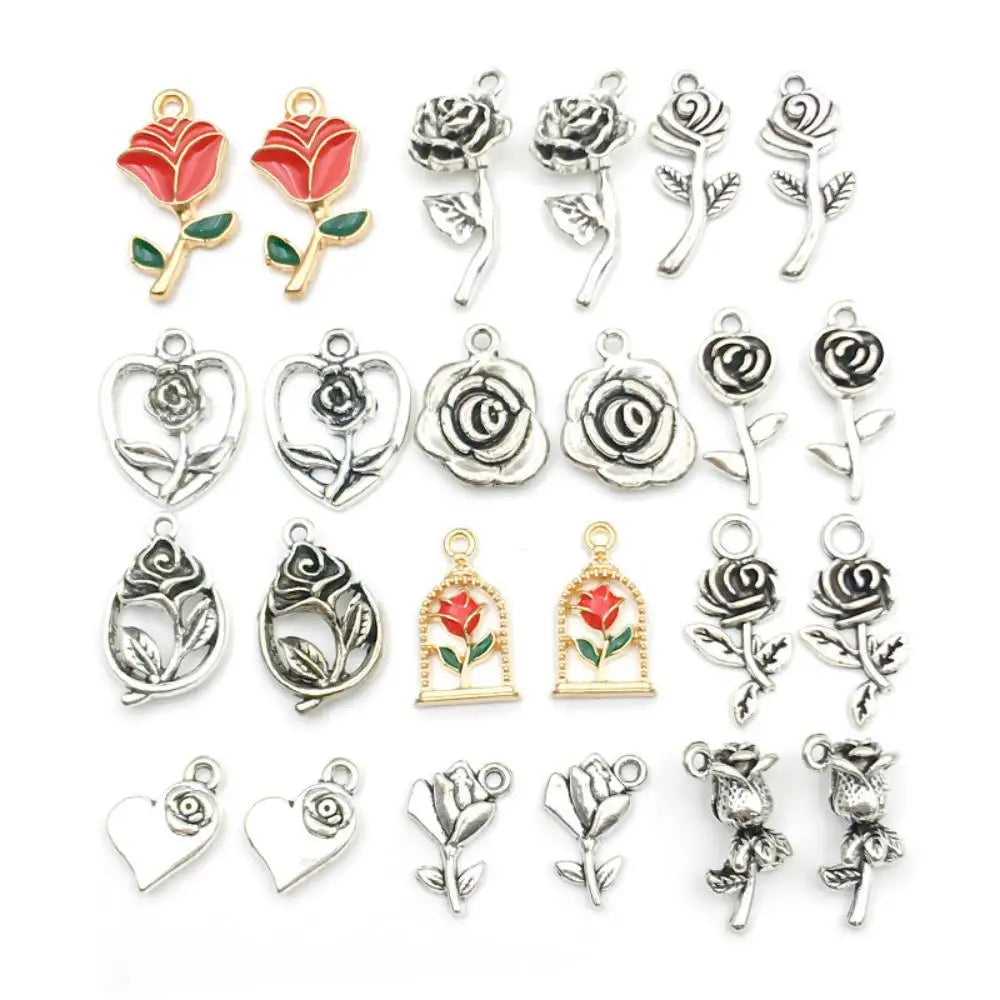 Oil Drop Ancient Silver Alloy Rose Pendant Diy Rose Charm Mini Rose Flower Pendant for Jewelry Making Bracelet Earring Necklace
