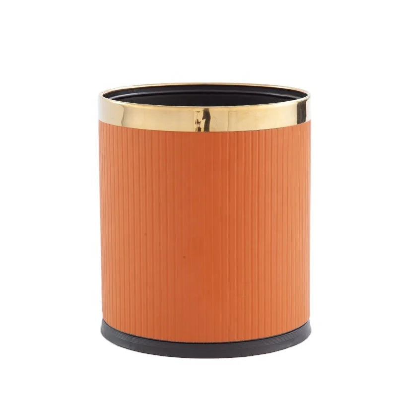 FRINS Modern Double Layer Lidless PU Leather Iron 10L Trash Can Open Top Decorative Garbage Bin for Home Use Kids Toy Storage