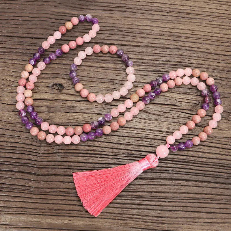 New 108 Mala Beads Prayer Necklace Tassel Pendants Gemstone Amethyst Rose Quartz Spiritual Meditation Healing Balance Necklace