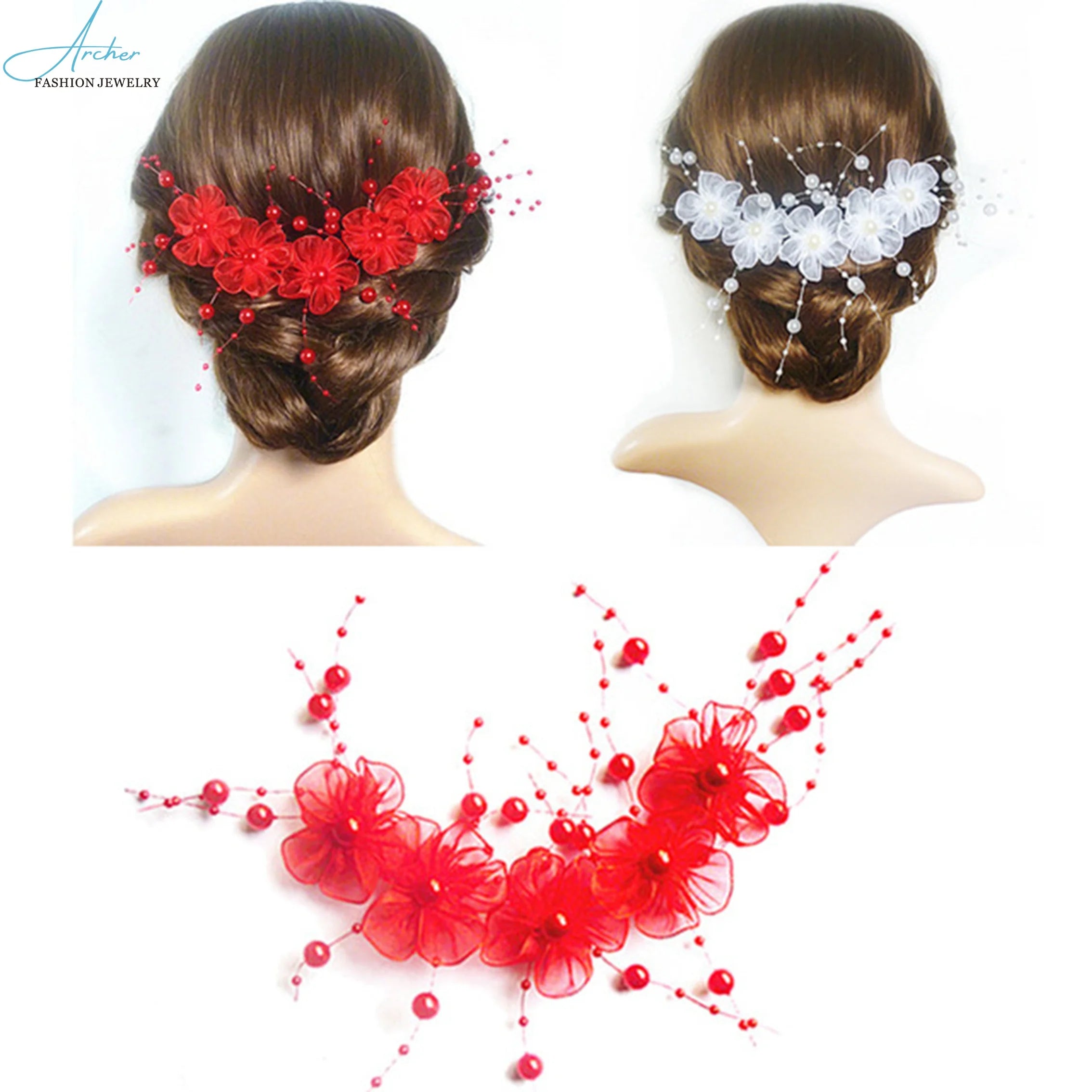 Korean Bridal Headdress Red Plastic Pearl Hairpin Flower Hair Ornament Wedding Dress Photo Accessories