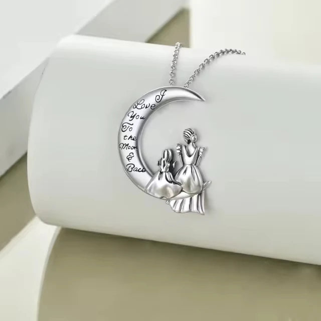 Women Jewelry 925 Sterling Silver Mother and Daughter Engraved Crescent Moon Pendant Necklace