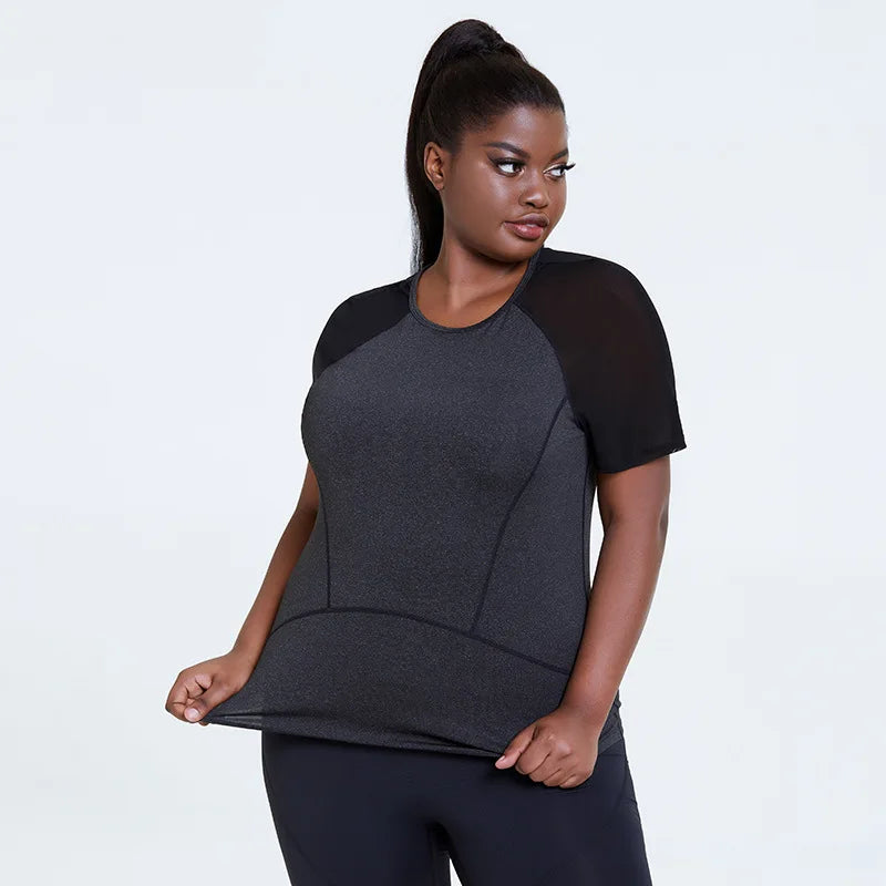 European American Women's Cross-Border Sports Top Loose Plus Size Short-Sleeved Yoga Blouse Gym Mesh Clothes Breathable Sports