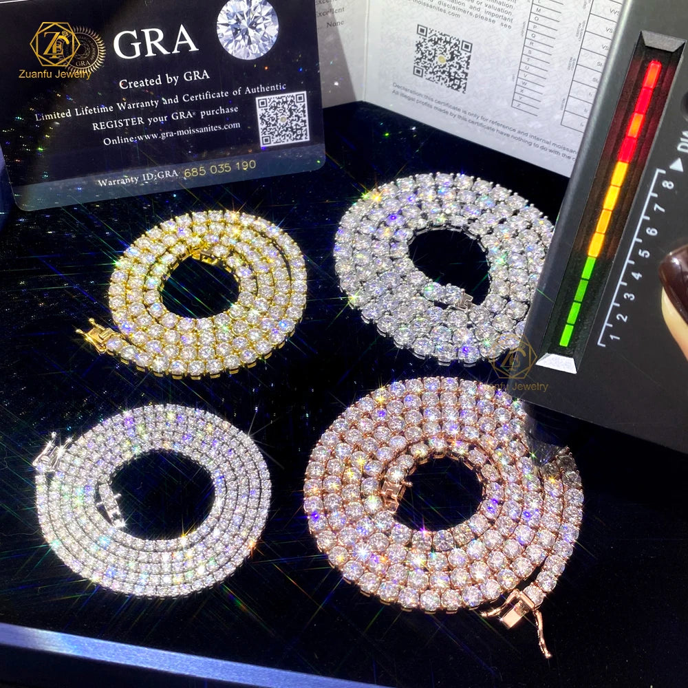 Factory Price 3MM 4MM 5MM Hip Hop Iced Out Jewelry Lab Grown Moissanite Diamond Jewelry Tennis Chain Necklace