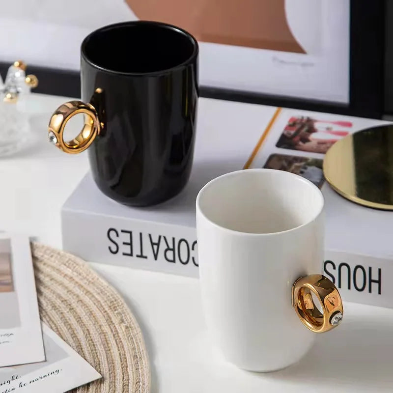 350ml Wedding Gift Hand Painted Gold Diamond Ring Handle Ceramic Souvenir Couple Coffee Tea Milk Cup Mug with Gold Ring Handle
