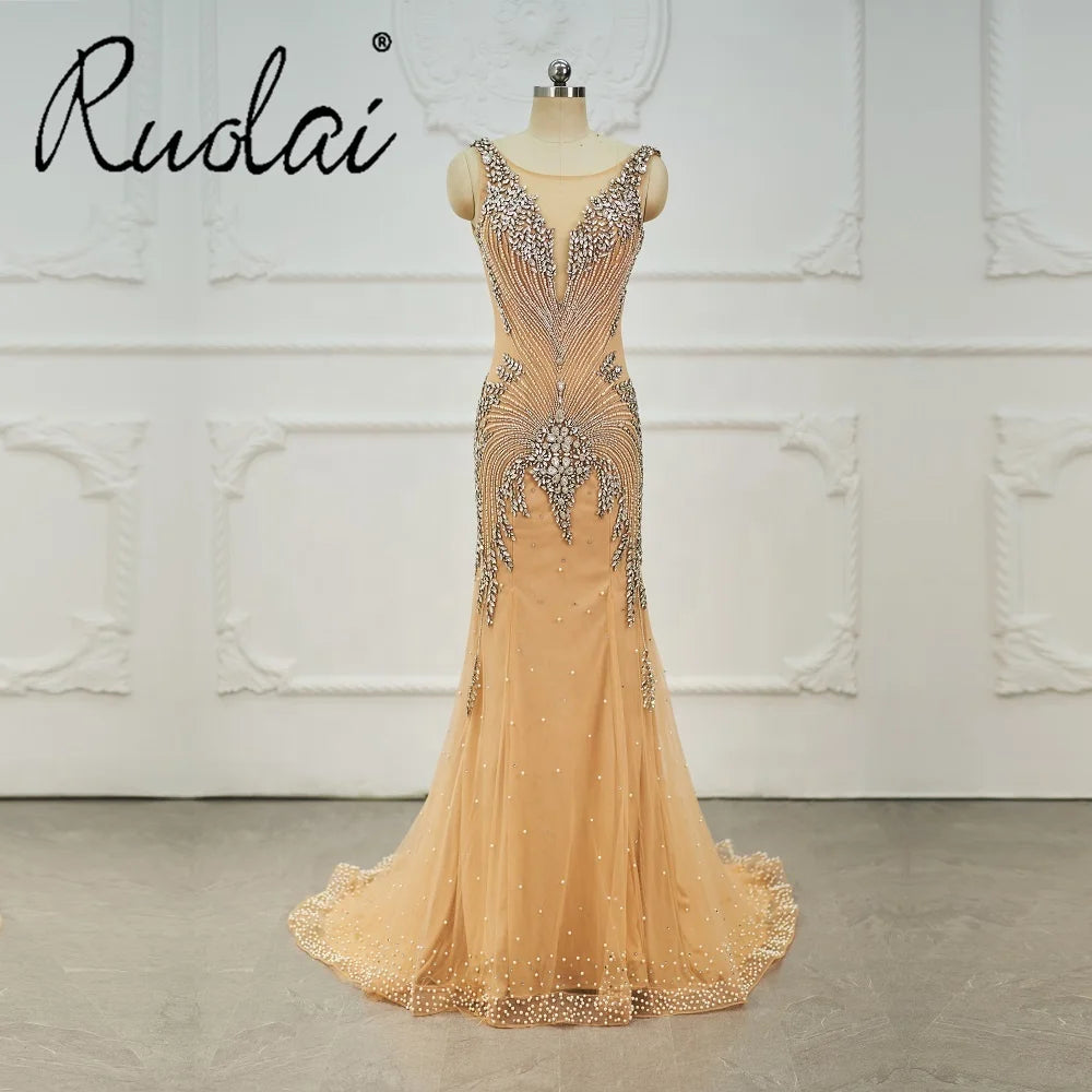 Ruolsi LWC8267  Dubai Luxury Heavy Beading Pearls  Sleeveless Mermaid  Evening Dresses Backless Shining Prom Dress