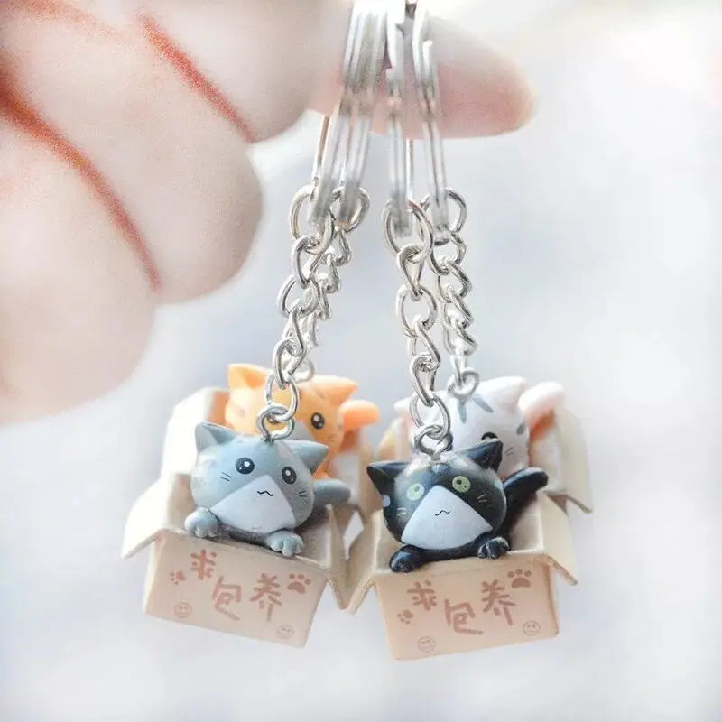 Cute Little Box Cat Key Chain Women Men Kawaii Kitten Car Keychain Fashion Letter Keyring Animal Jewelry Dating Anniversary Gift