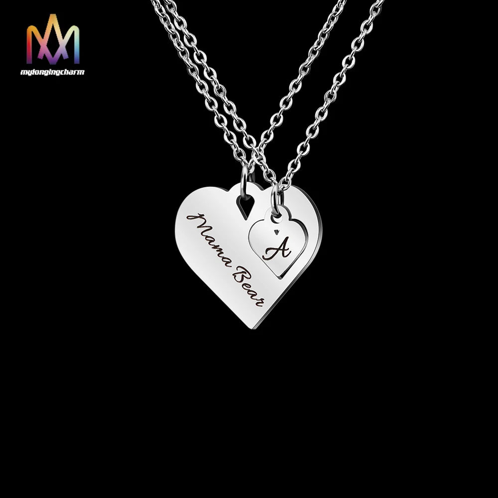 Love Heart Stainless Steel Name Plate Necklace Set for Mom and Daughter Gift Customized Necklace With Names