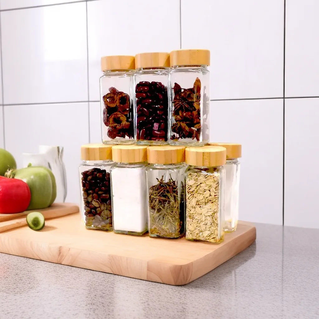 Bamboo Wooden Lid 120ml 4oz Empty Square 12 /24 Pcs Glass Spice Jars Bottles Set With Shaker Lid and White Label Sticker