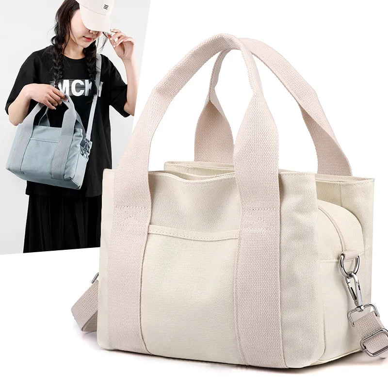 Custom Eco Friendly Women Cotton Canvas Top Handle Handbag Shopping Tote Bag with Zip Closure and Pockets