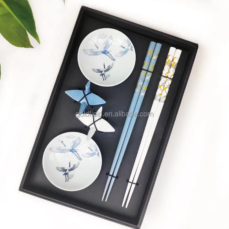 Eco-friendly Healthy Wooden Chopstick & Ceramic Dish and Melamine Chopstick Rest with Crane Pattern Gift Set Box