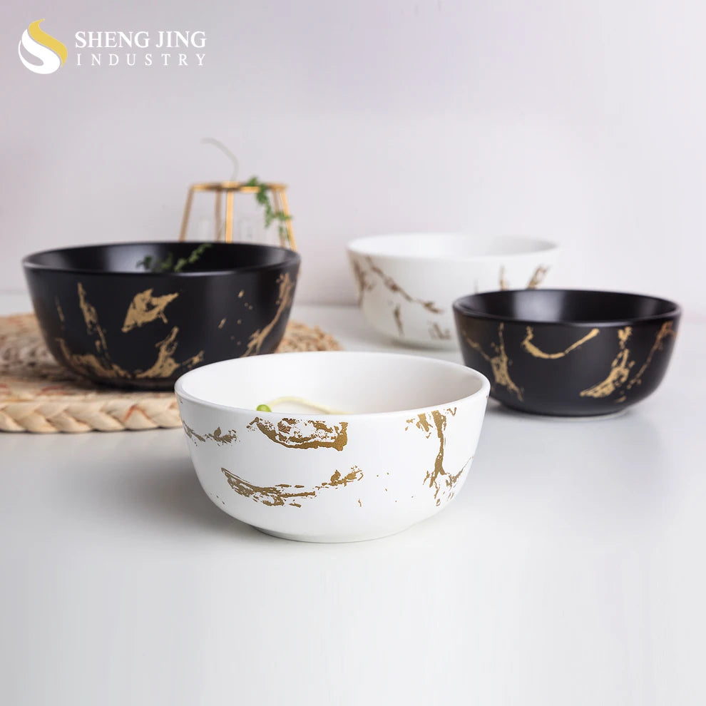 Top Seller Soup Salad 12cm 14.5cm Marble White Gold Bowl Stone Home Rice Bowls Restaurant Porcelain Matter Black Tureen