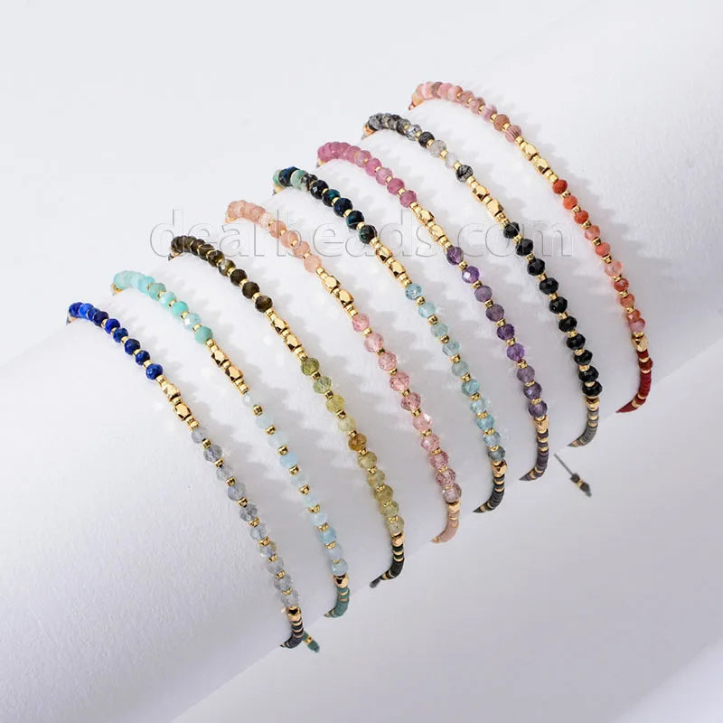 Fancy Dainty Little Faceted Gemstone Miyuki Seed Beaded Adjustable Bracelets Small Tiny Mini Bracelet for Women Mens Girls