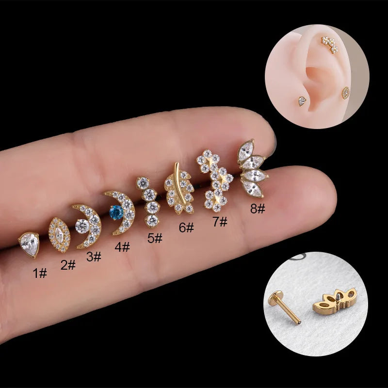 High Quality G23 Titanium Moon Flower Flat Back Internally Threaded Cubic Zirconia Cartilage Piercing Earring Titanium Jewelry
