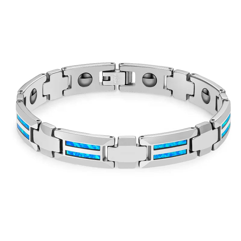 POYA Hot Sale 10mm Mens Black Ceramics Tungsten Blue Fire Opal Inlay Bracelet Luxury Gift for Man