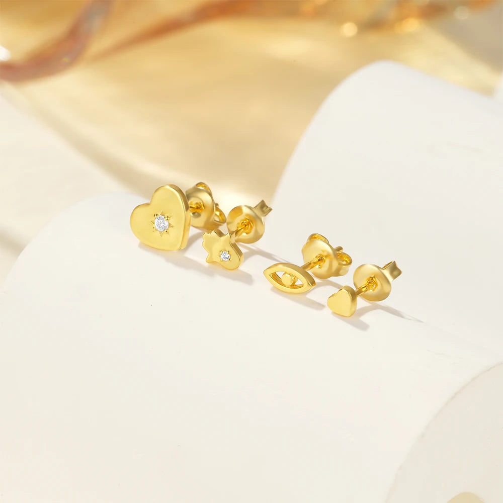 CANNER 4pcs/Set 925 Sterling Silver Smooth Heart Eyes Hamsa Stud Earrings Jewelry Sets for Women Girls