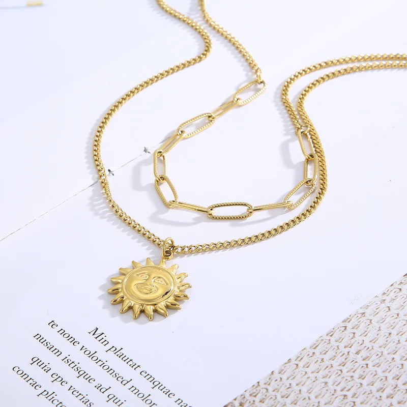Hot Sales 2 Layer Necklace Sun Flower Pendant Face Pendant Choker Set Jewelry Necklace