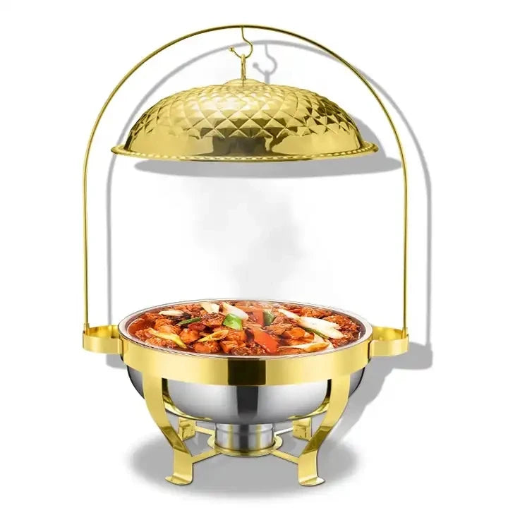 Hot Sale Buffet Wedding Supplies Modern Luxury Gold Plated Hanging Hammered Cover Round Stainless Chaffing Dishes Set