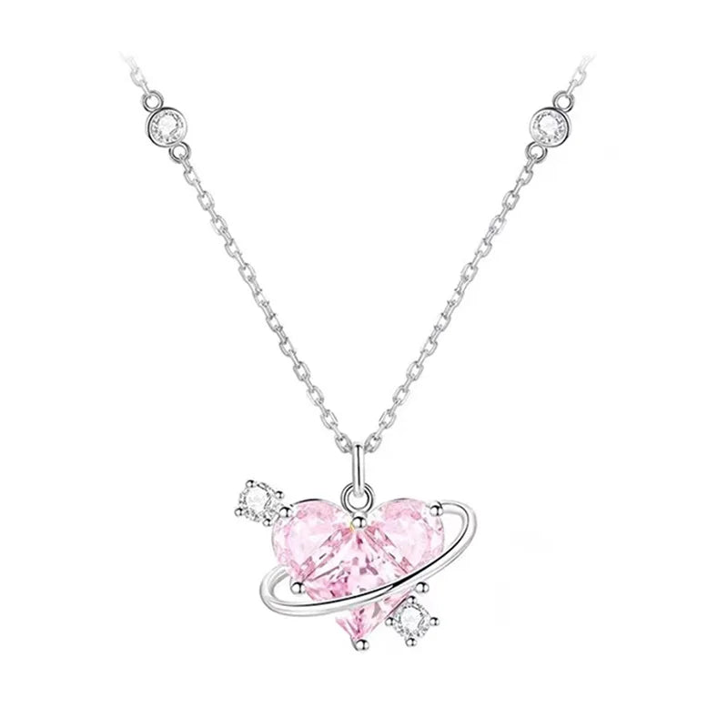 Pink Diamond Love Planet Copper Dainty Trendy Necklace for Girls Wholesale Love Heart Zircon Choker Stone Necklace