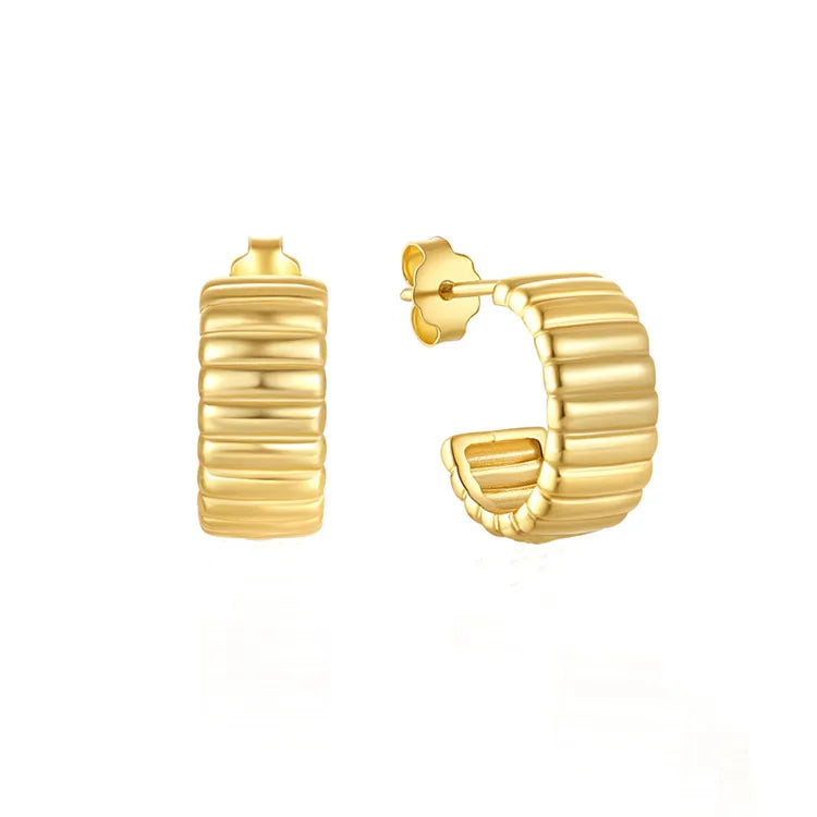 SP Popular Design Big Chunky Sterling Silver C-shaped Stripe Pleated S925 Sterling Silver Hoop Stud Earrings