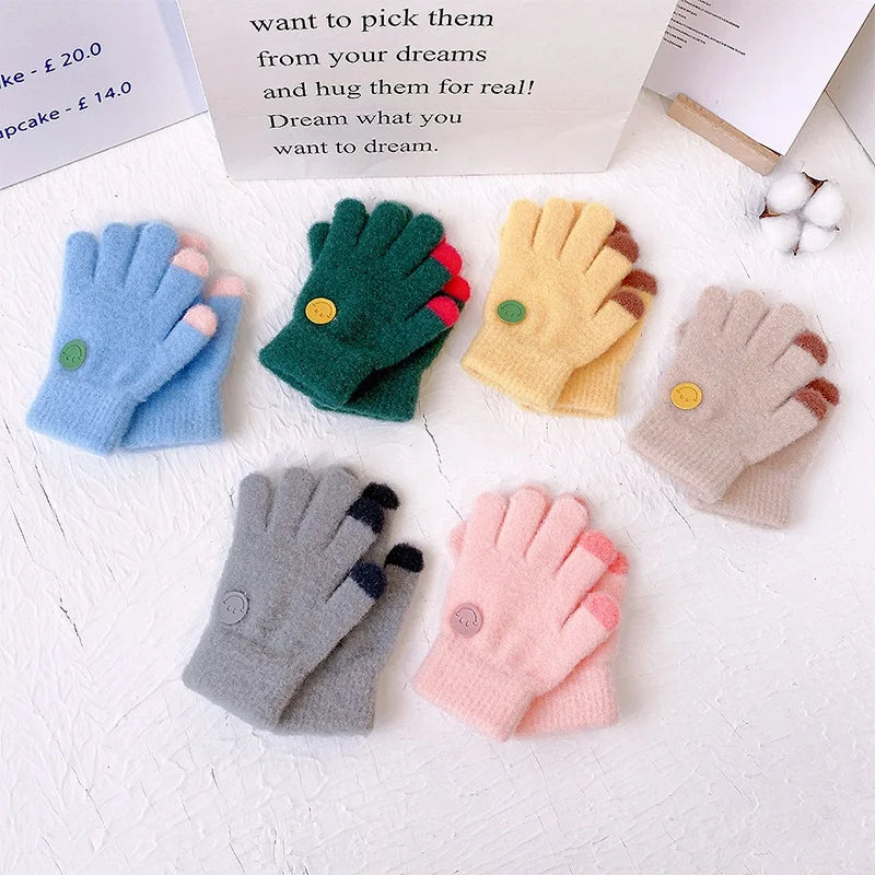 Landfond Accessory Winter Children's Warm Knit Gloves With smiley Face Decoration Unisex Kids Gloves