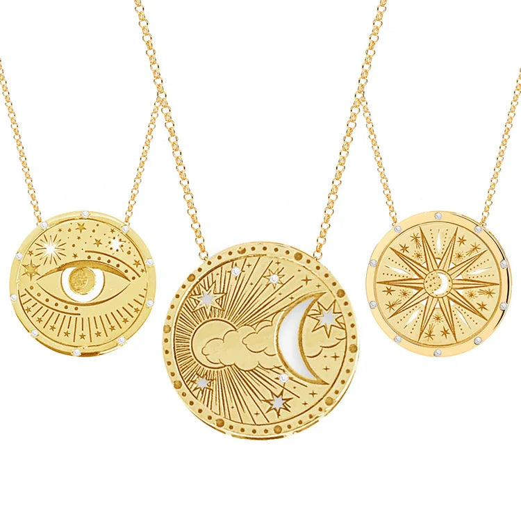 Wholesale New Fine Jewelry Stainless Steel Sweater Chain 18k Gold Eye Star Moon Pendant Tarot Card Necklace
