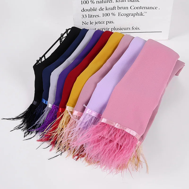 Chiffon Beaded Square Malaysia Scarf Hijab Pearl Chiffon Feather Lace Scarf Long Shawl Hijab