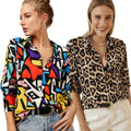 Womens Geometric Blouses Color Block Office Shirt Leopard Tops Multicolor Tunic Fantasy 90s Clothes Formal Shirts