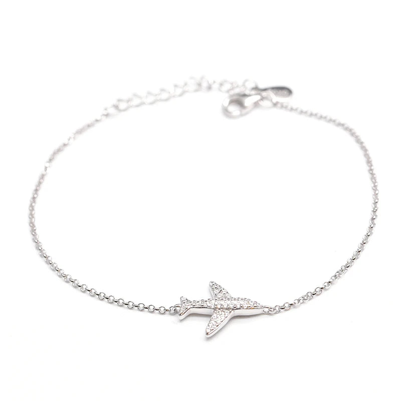 Fun Design Aircraft Modeling Silver Inset Zircon Aircraft Bracelet 925 Sterling Silver Charm Bracelet for Women