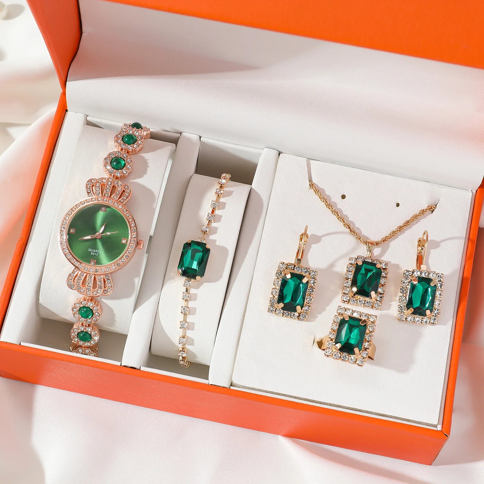 2026 Best Selling Women's Quartz Watch With Green Stones Jewelry Set