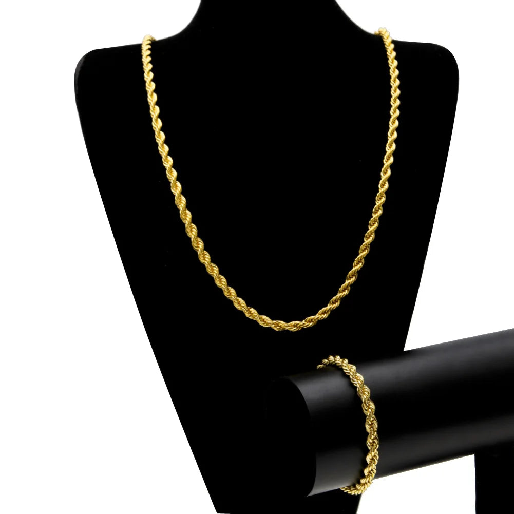 Men's 6mm Twist Chain HIPHOP ROPE Bracelet Necklace Set for Wedding Gift Engagement or Party