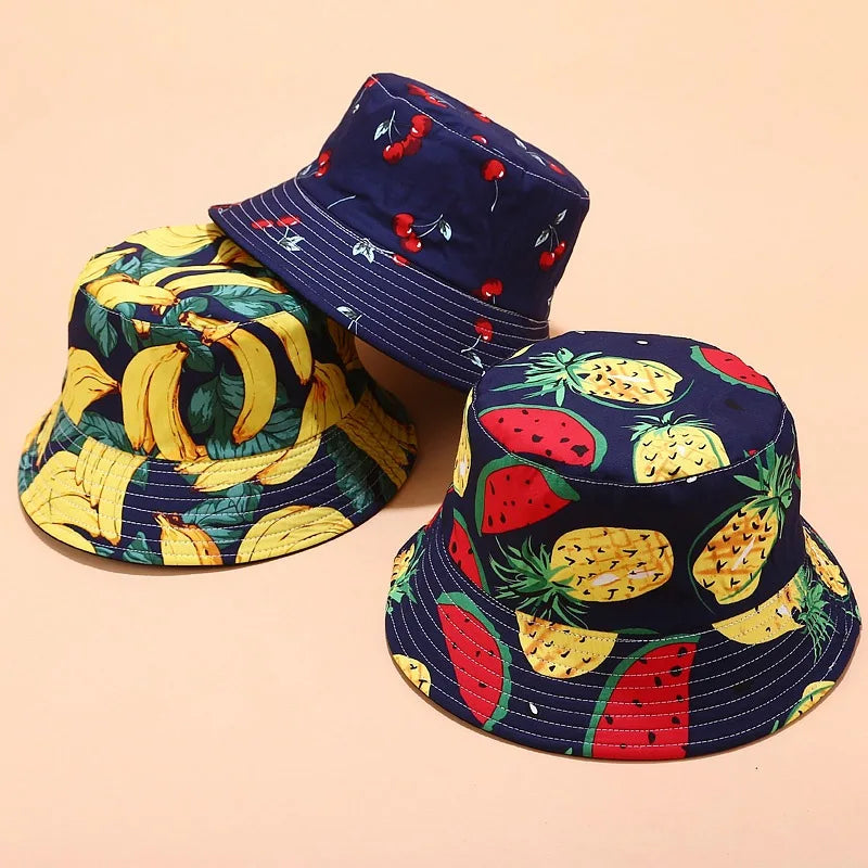Custom Print Fruit Outdoor Summer Foldable Sun Beach Cap Unisex Adult Cotton Fisherman Reversible Bucket Hat