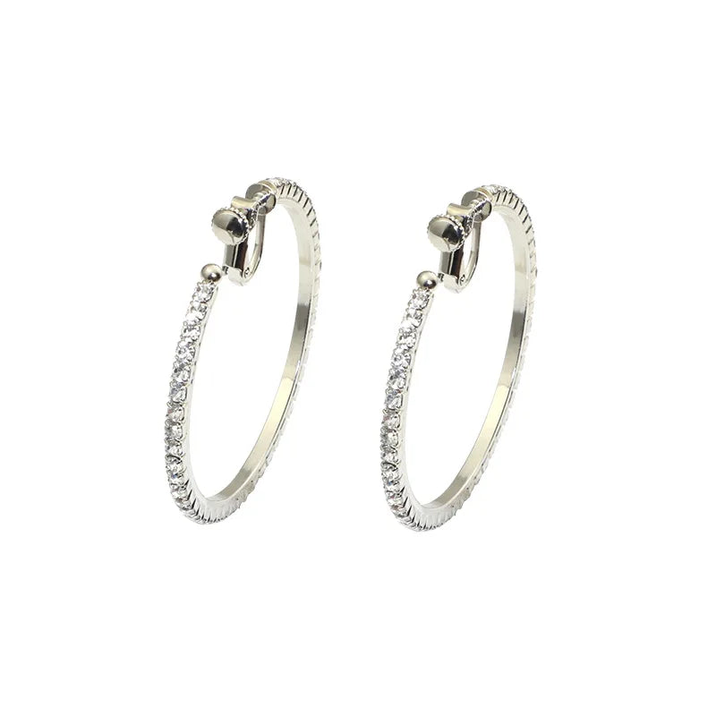 Trendy Stainless Steel Clip-On Hoop Earrings for Women Lightweight Non-Pierced Featuring Zircon Main Stone
