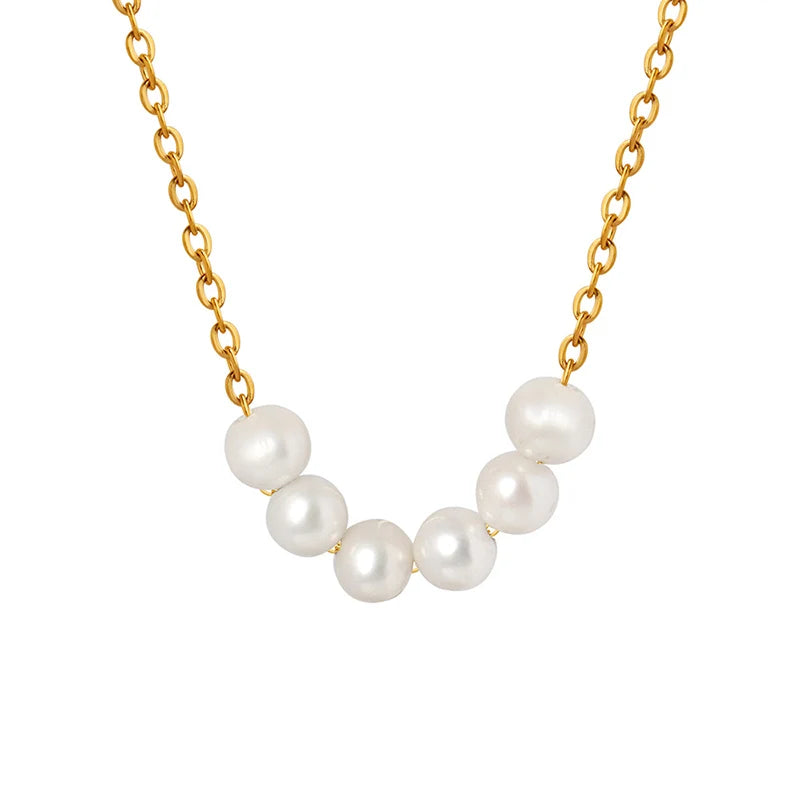 New Natural Freshwater Pearl Necklace Stainless Steel Plated 18K Gold Necklace P1422