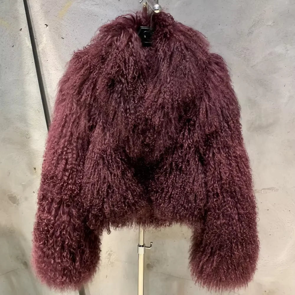 2024 Winter Warm Fluffy Coat Mongolian Sheep Fur Jackets Women Burgundy Fur Collar Coats
