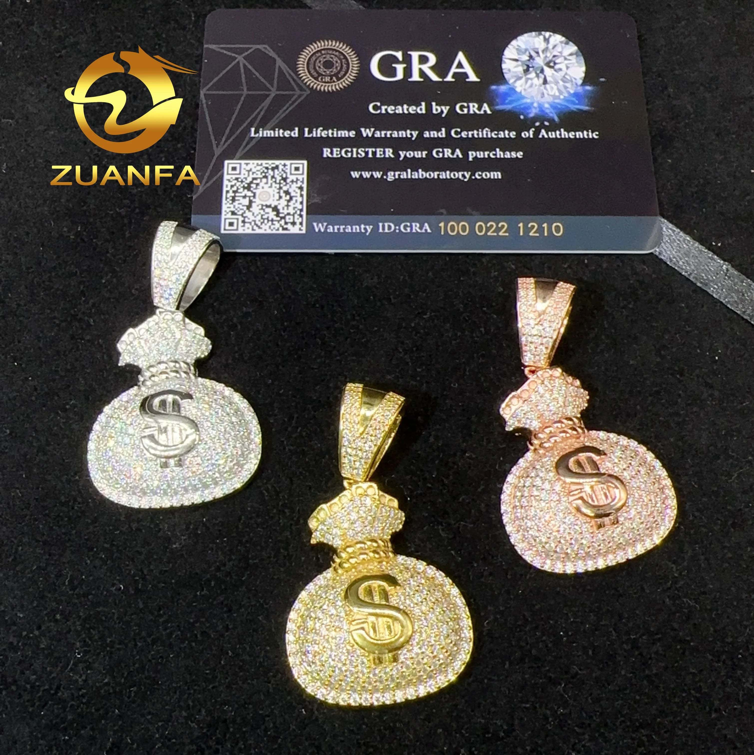 Dropshipping Iced Out Jewelry VVS Moissanite Diamond Pendant Money Bag Pendant Pass Diamond Tester Hip Hop Pendant