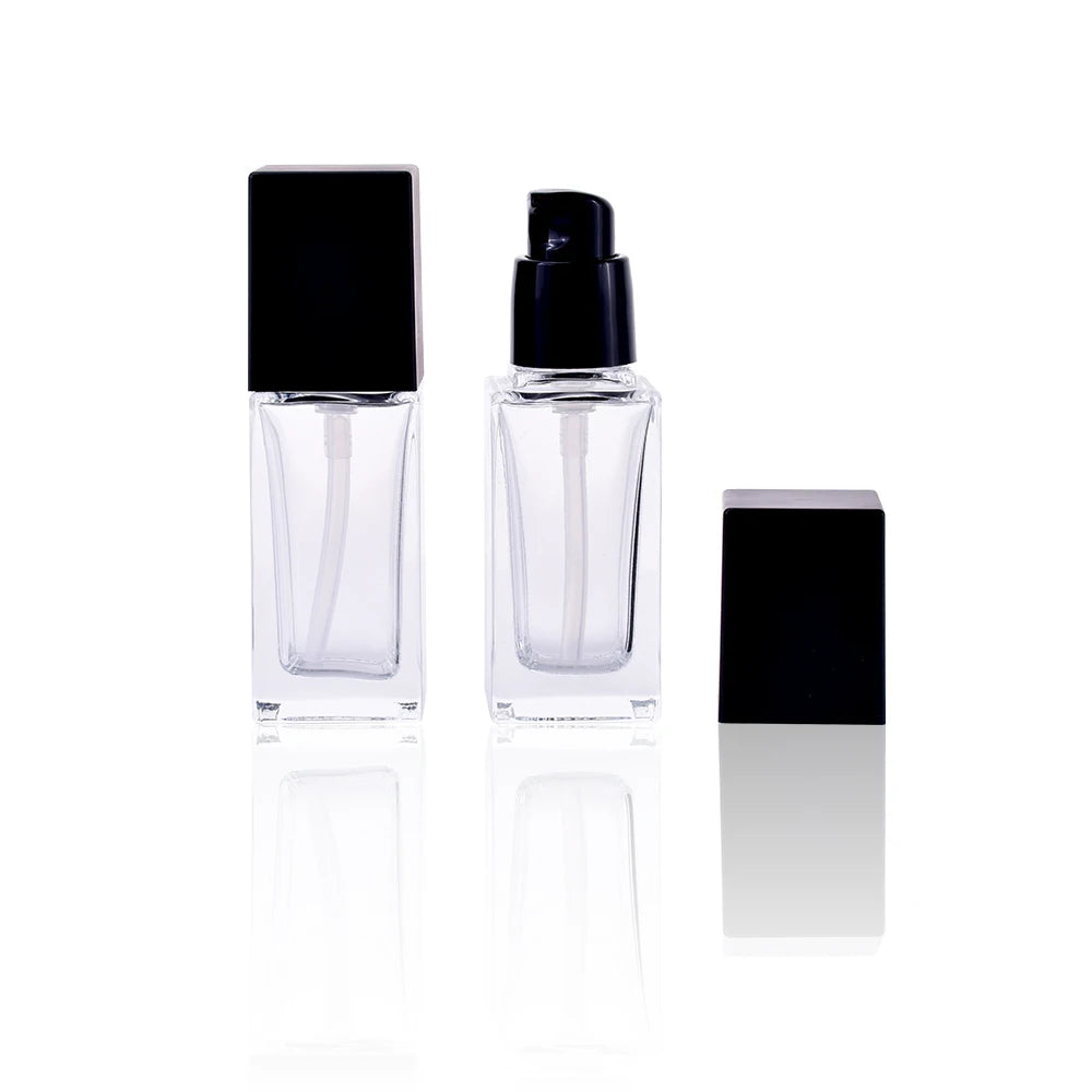Luxury Empty 30ml Square Clear Frosted Cosmetic Lotion Glass Liquid Foundation Bottle With Pump
