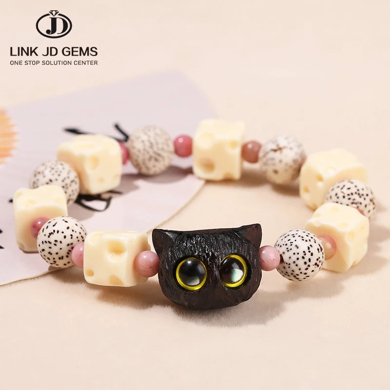 JD GEMS Women's Cute Handmade Carved Cartoon Elastic Beaded Ivory Nut Ebony Star Moon Bodhi Cat Head Gift Bracelet