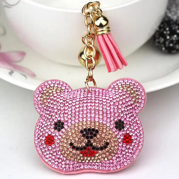 Girls Gift Ideas Tassel Bag Clips Animal Handbag Key Chains Charms Decor Bear Pendant Rhinestone Crystal Teddy Bear KeyChain