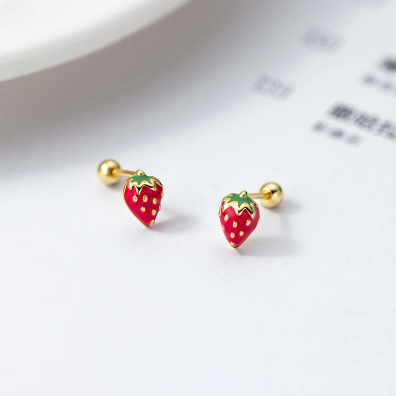 Unique Cute Red Enamel Ladies Fashion INS Christmas Party Jewelry Gift 925 Sterling Silver Strawberry Stud Earrings