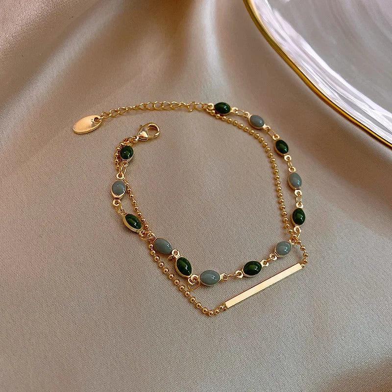 Vintage Exquisite Gold Plated Double Bracelet Two-double Natural Gemstone Beads Bracelet Fine Jewelry Bracelet for Women