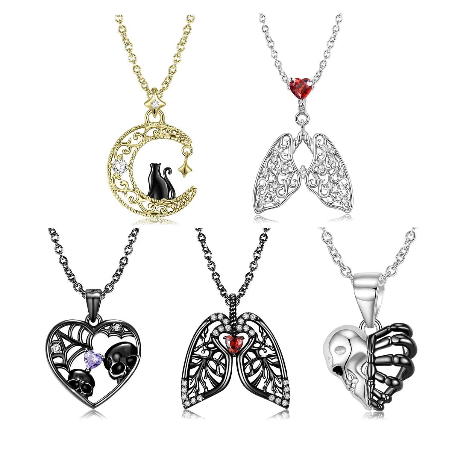 Moon Cat Skull and Lung Heart Shape Pendants for Necklace Authentic 925 Sterling Silver Pendant for Women Fine Necklaces Jewelry