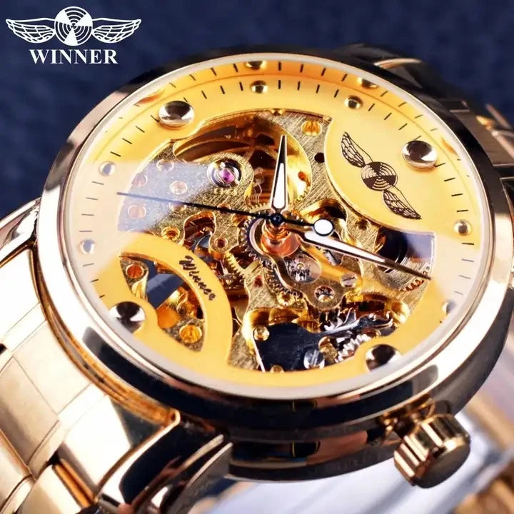 Winner 2023 New Classic Transparent Design Mens Watch  Luxury Automatic Skeleton Male Wrist Watch Clock Men Golden Watch Gift