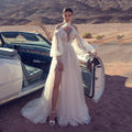 11807#Bohemian Puff Sleeve Criss-Cross Dotted Mesh High Slit SweepTrain Halter Neck Wedding Dress Wedding Bridal Gown
