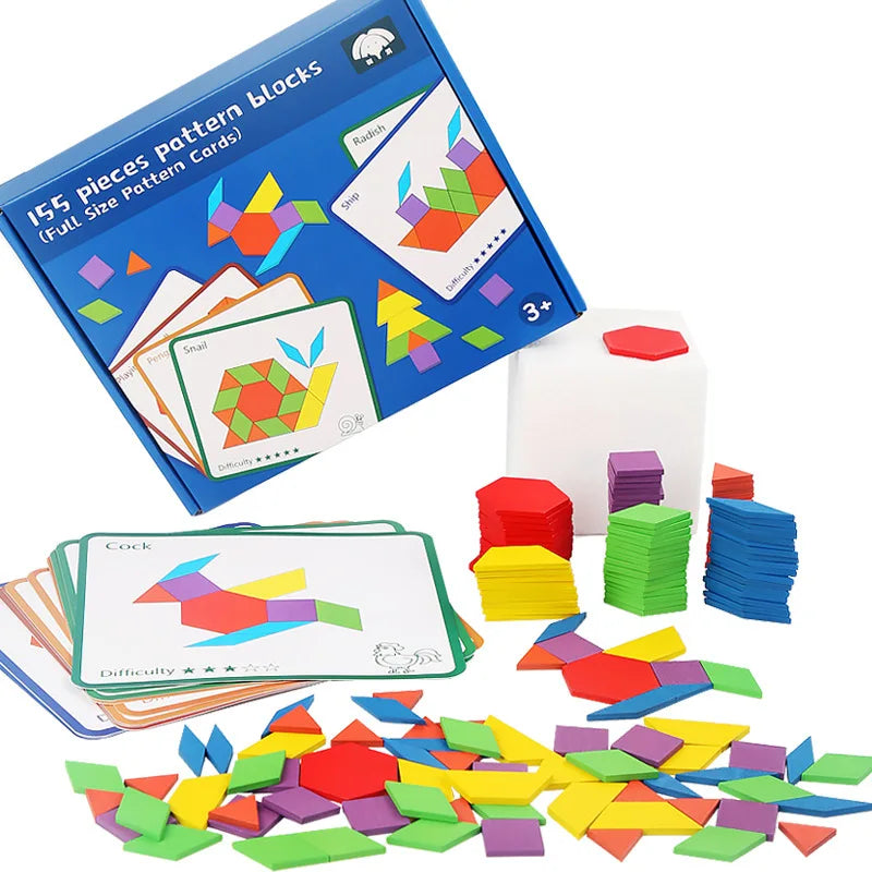 155 Pcs Custom Children Wooden Geometric Pattern DIY Jigsaw Puzzle Early Educational Tangram Shape Matching Toys for Kids
