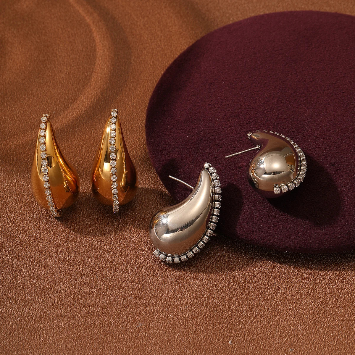 Fashion Water Drop Rhinestone Earrings for Women Stainless Steel Non Tarnish Waterproof Gold Teardrop Earrings Wholesale