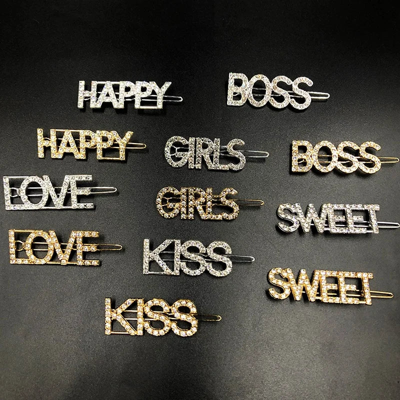 Girls Lovely Barrettes Boss Hair Clip Pins Word Letters Sparkly Bling Crystal Rhinestone Women Love Hairpins Hair Slides Clips