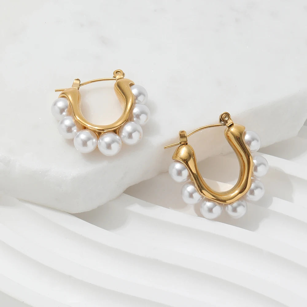 Fenny 18K Gold-plated Wholesale Ready to Ship Light Luxury Party Imitation Pearl Hoop Stainless Steel Earring for Women